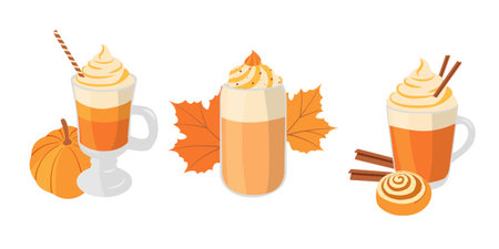 Autumn celebration flat vector collection with pumpkin latte, leaves, cinnamon roll, waffle cones, pumpkin. Hand drawn set for posters and bannersのイラスト素材