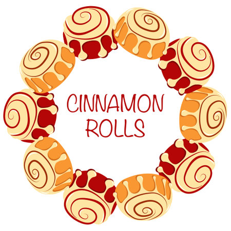 Autumn themed cinnamon rolls frame with text in flat style. Hand drawn vector illustration for banners, posters and social media graphicsのイラスト素材