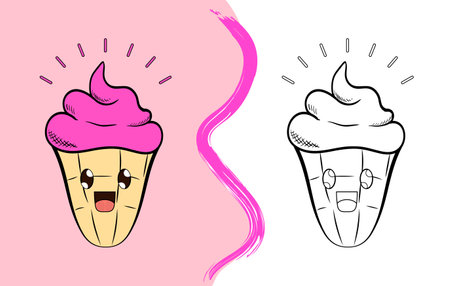 Vector image of ice cream in a waffle cup.Ice cream cartoon character, coloring bookのイラスト素材