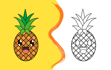 Cute cartoon a pineapple. Black and white vector illustration for coloring bookのイラスト素材