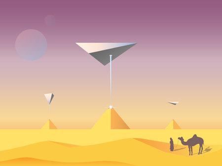 vector illustration of a fantasy landscape. Arrival of aliens and charging of pyramidsのイラスト素材