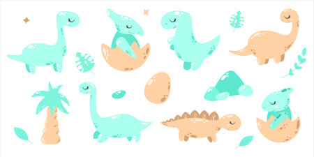 Set of cute dinosaurs. Hand drawn vector illustration in cartoon style.のイラスト素材
