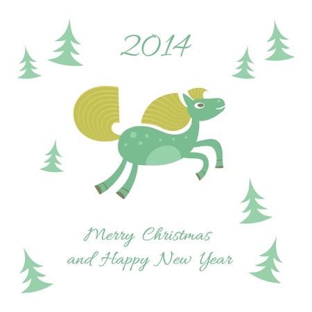 New Year and Christmas card with a horse and Christmas treesのイラスト素材