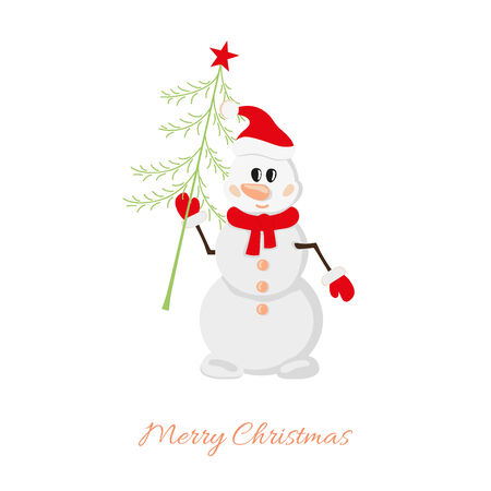 Postcard Snowman with Christmas treeのイラスト素材