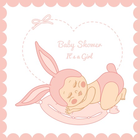 Baby shower little sleeping girl in a bunny costumeのイラスト素材
