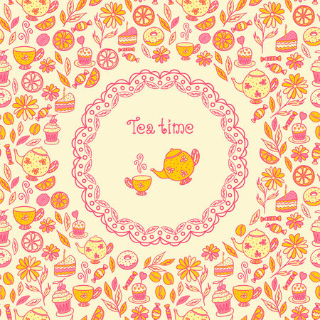 Tea time. Set of chocolates, sweets, tea utensils, coffeeのイラスト素材