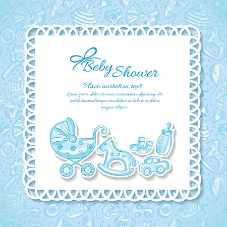 Baby shower, greeting card for baby boy with seamless patternのイラスト素材