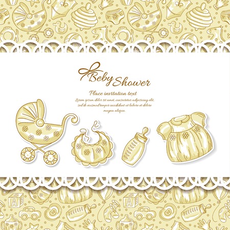 Baby shower, greeting card for baby with seamless patternのイラスト素材