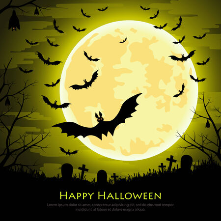 Happy Halloween background with moon and bats at the cemeteryのイラスト素材