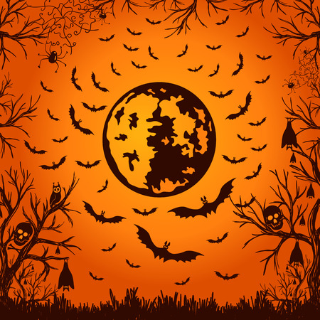 background for Halloween moon and bats. vector illustrationのイラスト素材