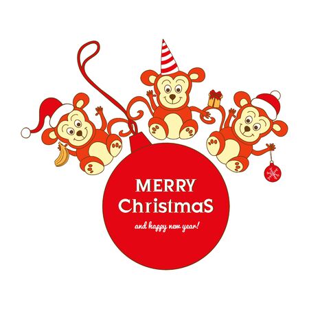 Christmas card with three cute monkeys and New Year is ballのイラスト素材