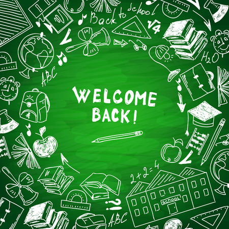 Welcome to school freehand drawing school subjects. Chalk on blackboard.のイラスト素材