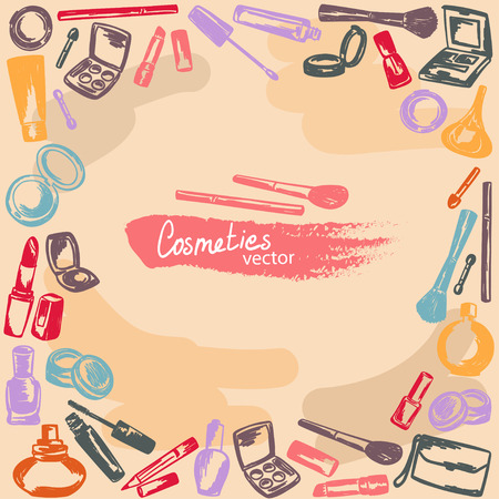 makeup kit freehand drawing, vector color backgroundのイラスト素材