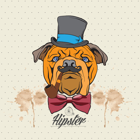 The vector image  Illustration of a bulldog head with hat and bow tieのイラスト素材