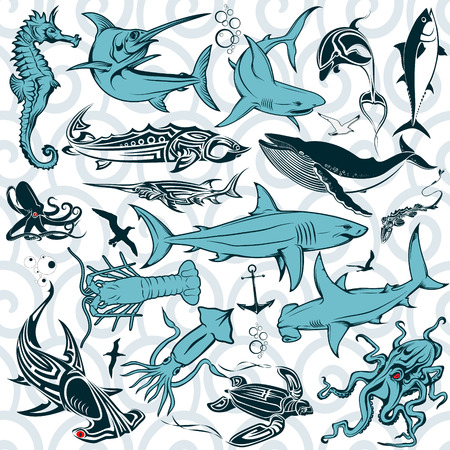 Illustration pour The vector image Set the inhabitants of the deep sea. Vector. - image libre de droit