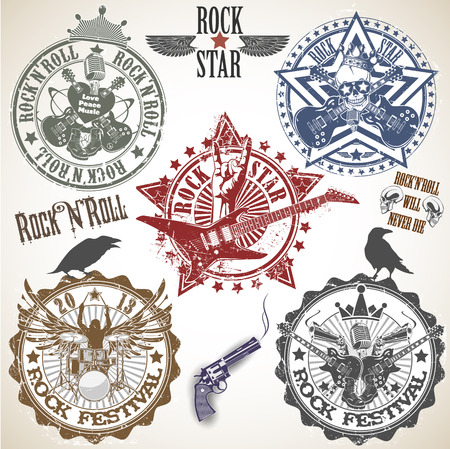 The vector image of Set of stamps with symbols rock n rollのイラスト素材