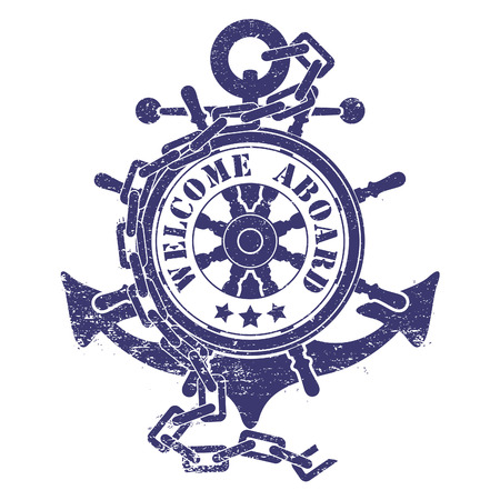 The vector image of  Stamp with a steering wheel an anchor a chain and the ancient shipsのイラスト素材