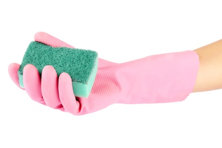 Hand in rubber glove holding a kitchen sponge isolated on a white background