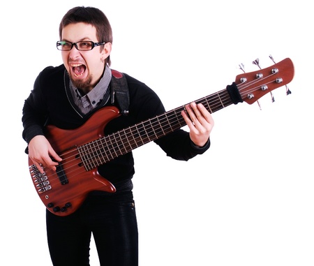 Cried the young man with an electric guitar in his hands. Isolated on white