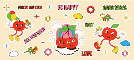 Cute cherry sticker set. vector illustration. isolated on white background.のイラスト素材