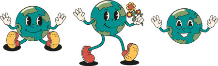 Earth cartoon character with flowers in his hands. vector clip art.のイラスト素材