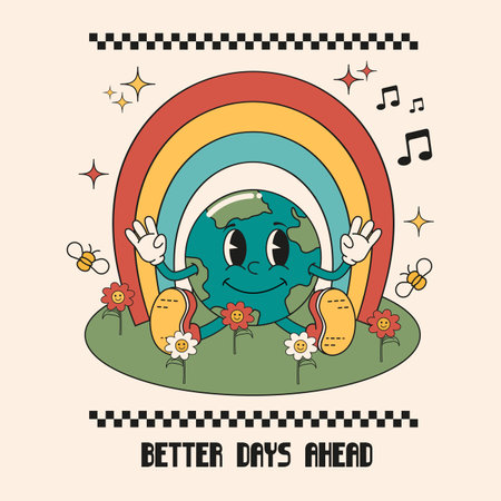 Vector illustration of Earth day greeting card with cute cartoon character and rainbowのイラスト素材