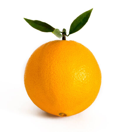 Ripe sliced juicy oranges with leaves isolated on white backgroundの写真素材