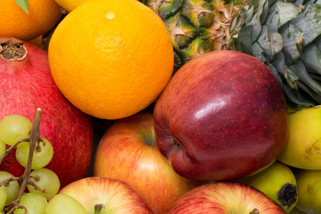 Group of various ripe juicy fruits on marketplaceの写真素材