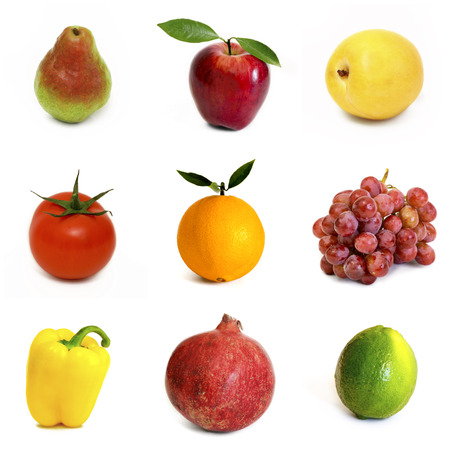 Various fruits and vegetables isolated on white backgroundの写真素材