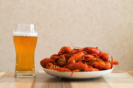Prepared crayfish boiled with dill and glass of beerの写真素材