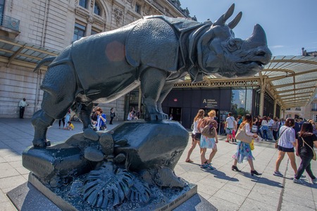 PARIS - CIRCA JUNE 2014: Rhino sculpture by Henri Alfred Jacquemart near D'Orsay museum in June, 2014 in Paris, France. The Musee d'Orsay is a museum in Paris, on the left bank of the Seine.のeditorial素材