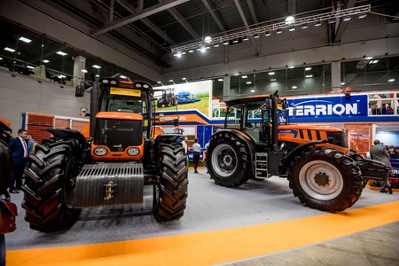MOSCOW- OCTOBER 05, 2016: Tractors Terrion of ATM 4200 serie at the International Trade Fair AGROSALON, Crocus Expoのeditorial素材