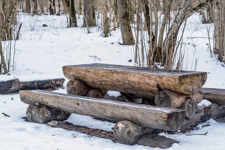 Wooden picnic table with benchesの写真素材