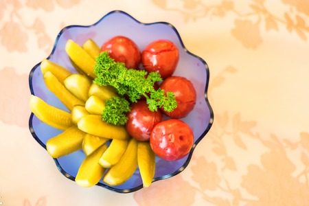 Plate of assorted picklesの写真素材