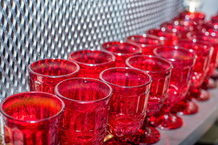 Close up empty red wineglasses at banquetの写真素材