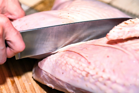 Disjointing raw uncooked turkey on tableの写真素材