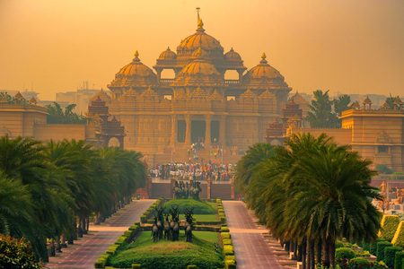 Facade of a temple Akshardham in Delhi, Indiaの写真素材
