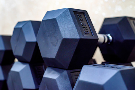 Closeup image of chrome dumbbellsの写真素材