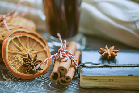 Cosy winter still-life and window. Xmas backgroundの写真素材