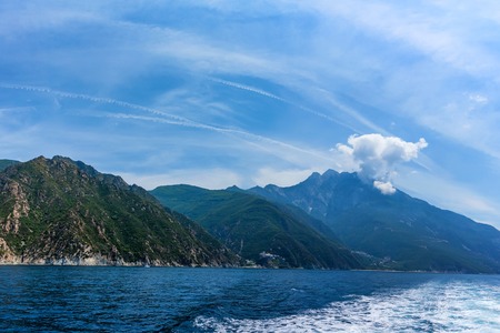 Panorama of Holy Mount Athos viewed from seaの写真素材
