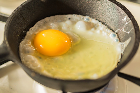 Close-up of fried eggs in a frying pan