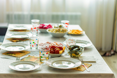 Catering table set service and glassesの写真素材