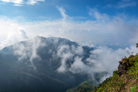 Scenic misty view of Worlds End in Sri Lankaの写真素材