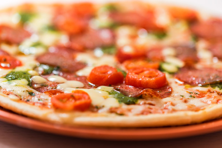 Delicious fresh pizza with tomatoes, salami closeの写真素材