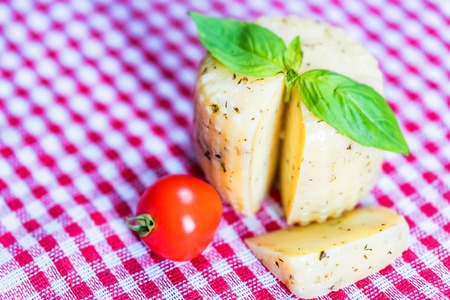 Rustic cheese with herbs and tomatoesの写真素材