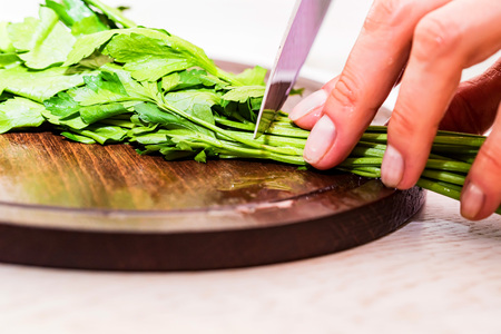Female hands chopping herbs on wooden boardの写真素材