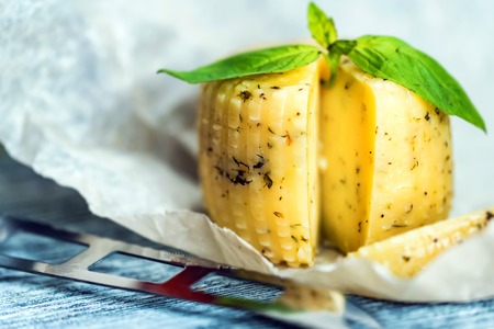 Rustic cheese with herbs on paper backgroundの写真素材