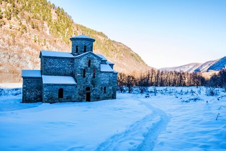 Central medieval church in Arkhyz in winterの写真素材