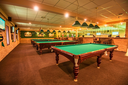 ROSTOV-ON-DON, RUSSIA - FEBRUARY 2, 2018: Billiard room interior with tablesのeditorial素材