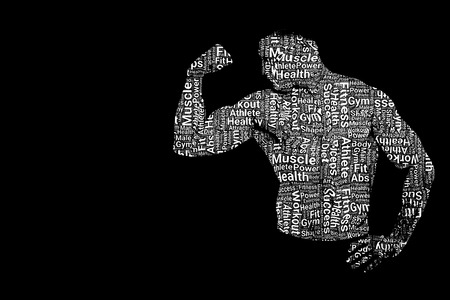 Text portrait of handsome male model with naked torso showing his biceps on dark or black backgroundの写真素材